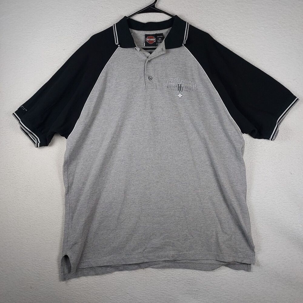 Harley Davidson Mens Polo 2XL Gray Black Short Sleeve Logo Shirt USA